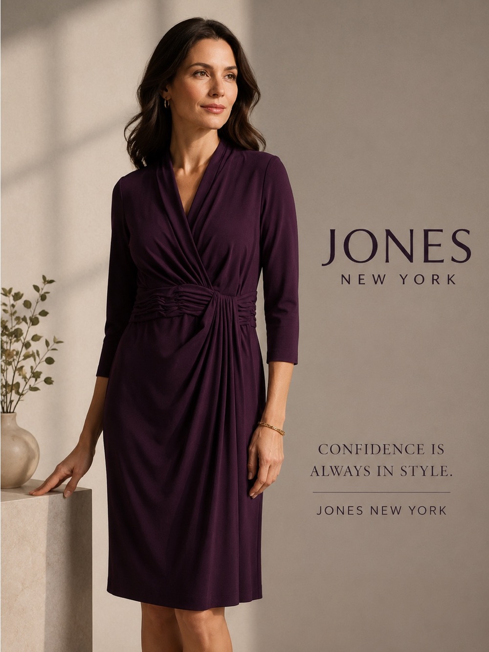 Jones New York Plum Ruched Draped Dress Size 4 Elegant Career Wedding Guest Glam